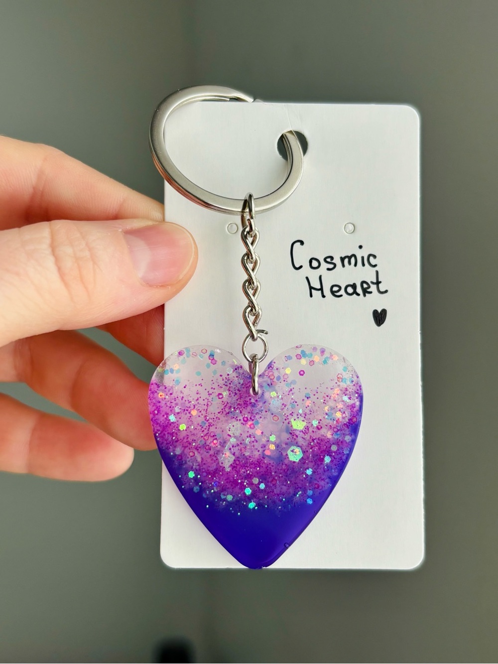 Cosmic Heart Resin Heart Keychain Handmade Purple Pink Glitter Galaxy Bag Charm